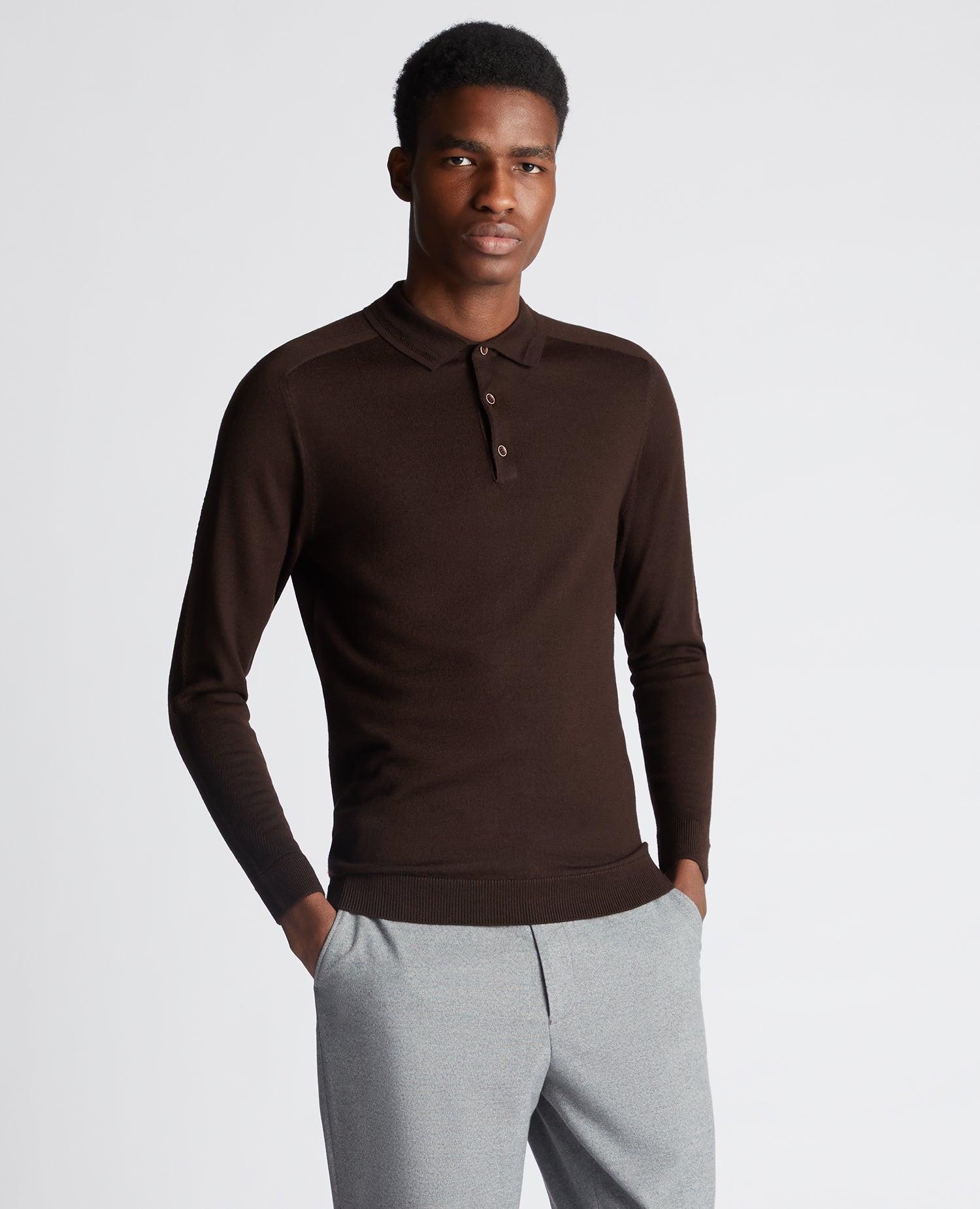 Slim Fit Merino Wool Blend Long Sleeve Knitted Polo Remus Uomo