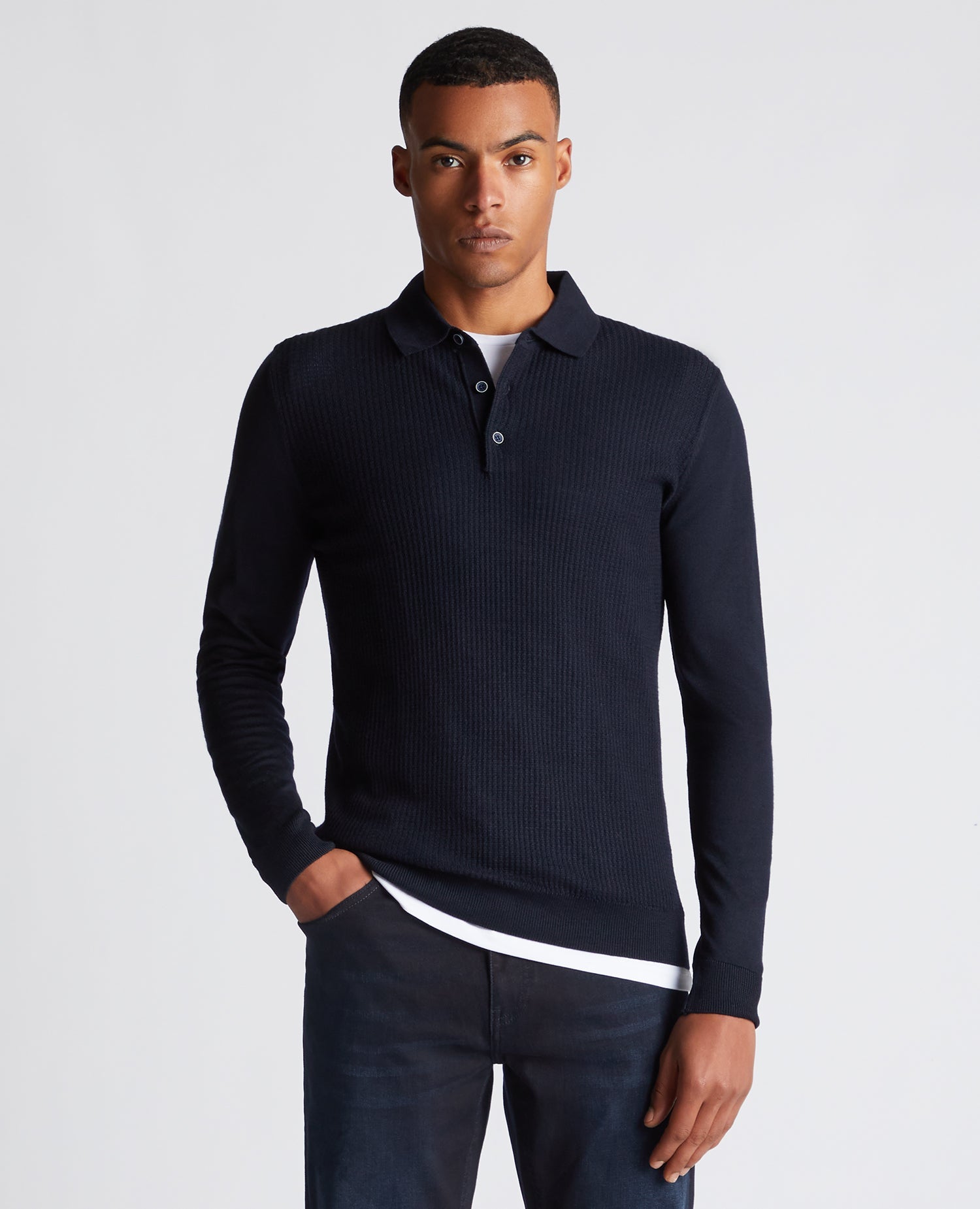 Slim Fit Merino Wool Blend Long Sleeve Knitted Polo Remus Uomo