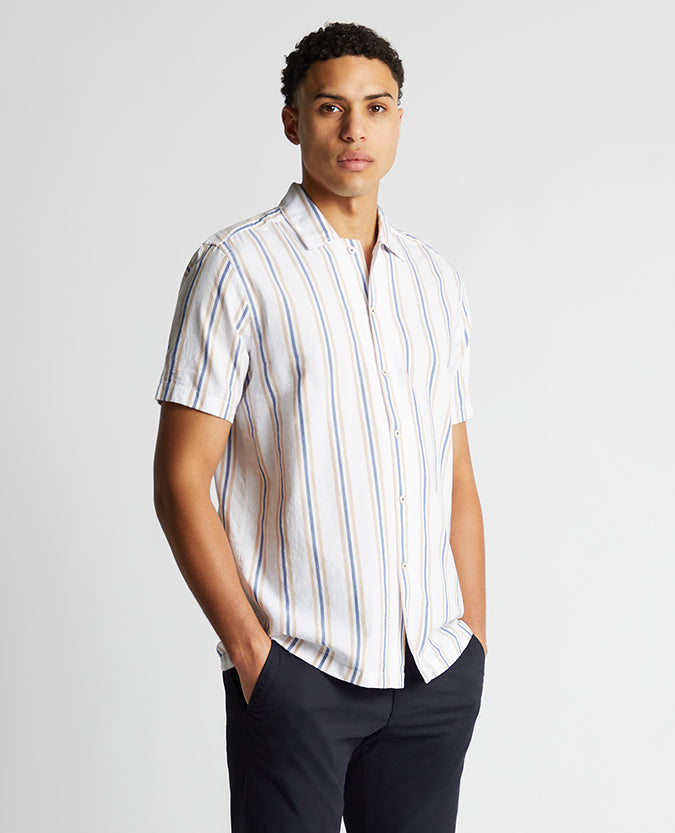 Tapered Fit Cotton Short Sleeve Stripe Shirt