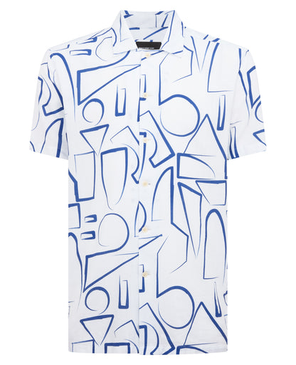 Tapered Fit Linen-Blend Abstract Print Shirt