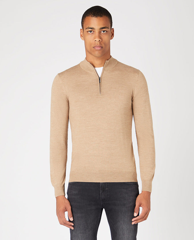 Tapered fit merino wool-acrylic half zip long sleeve