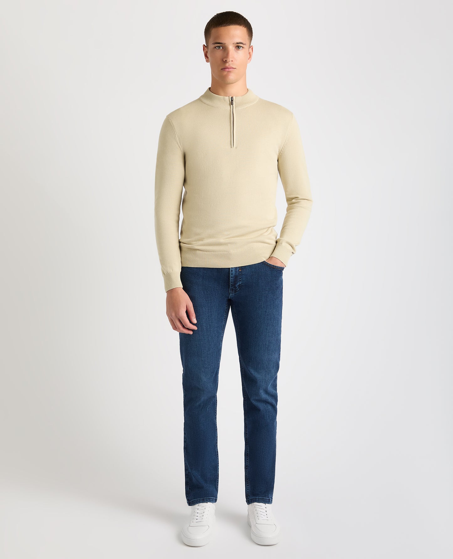 Tapered Fit Half Zip Cotton Sweater